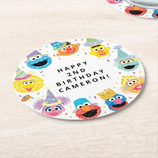 Sesamstraat Vrienden Confetti Verjaardag Ronde Kartonnen Onderzetter (Gebogen)