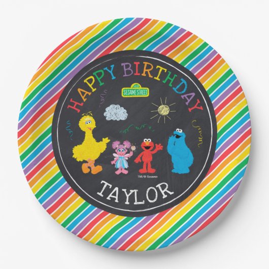 Sesamstraat Vrienden Krijtbord Regenboog Verjaarda Papieren Bordje (Voorkant)