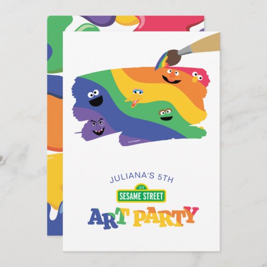 Sesamstraat Vrienden Rainbow Art Party Uitnodiging (Voorkant / Achterkant)