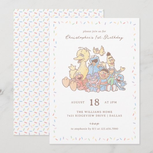 Sesamstraat Vrienden Waterverf Confetti Verjaardag Kaart (Voorkant / Achterkant)