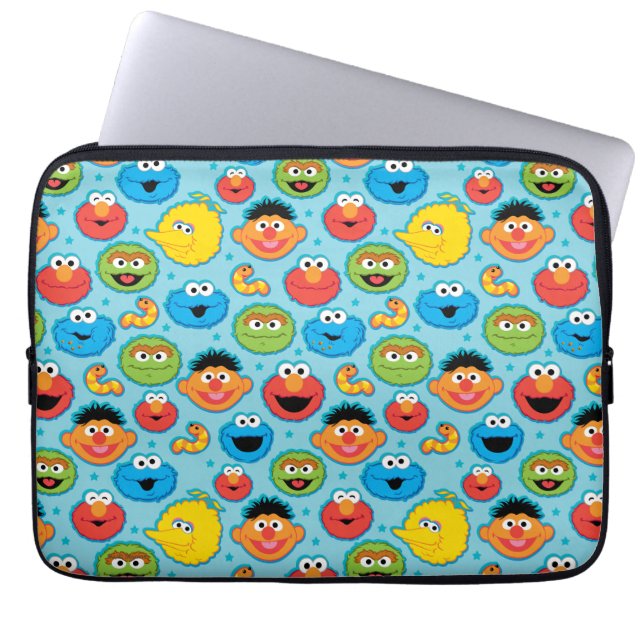 Sesamstraat ziet een patroon op blauw laptop sleeve (Voorkant)