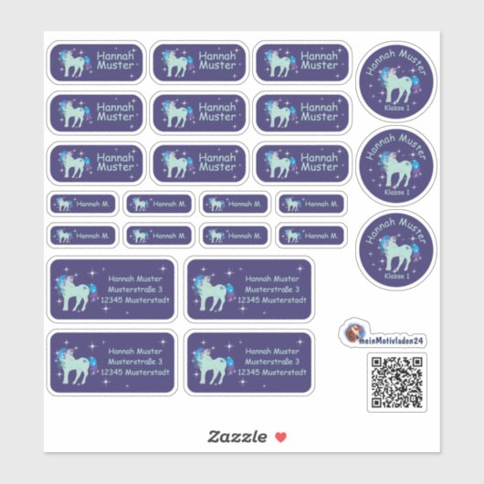 Set - 24 Namensaufkleber Fantasy Einhorn blau | Sticker (Vel)