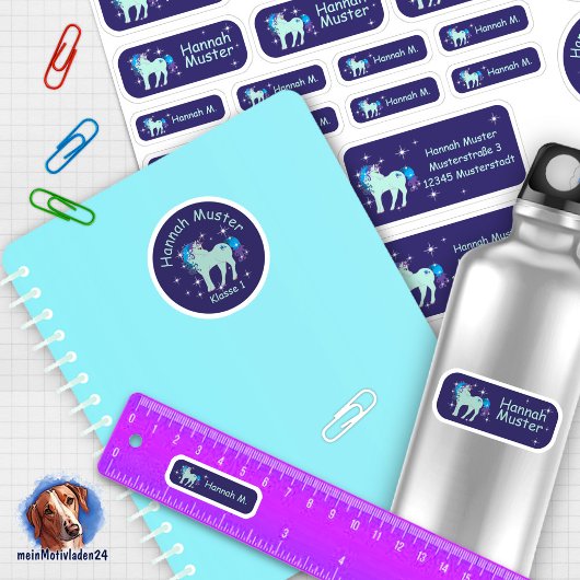 Set - 24 Namensaufkleber Fantasy Einhorn blau | Sticker