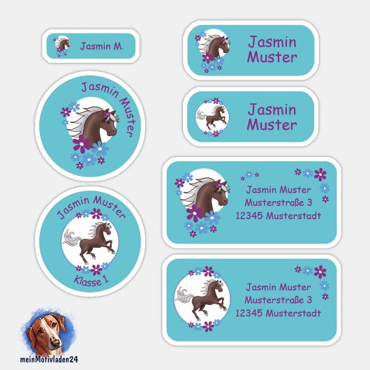 Set - 24 Namensaufkleber Pferde Blumen türkis |  Sticker