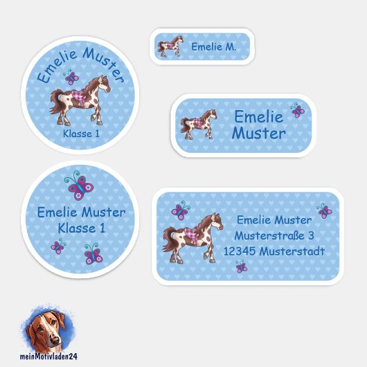 Set - 24 Namensaufkleber Pferde Herzchen blau | Sticker