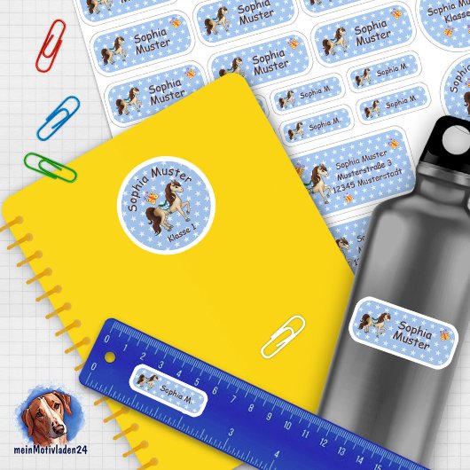 Set - 24 Namensaufkleber Pferde Sternchen blau | Sticker