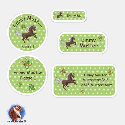 Set - 24 Namensaufkleber Pferde Sterne grün |  Sticker