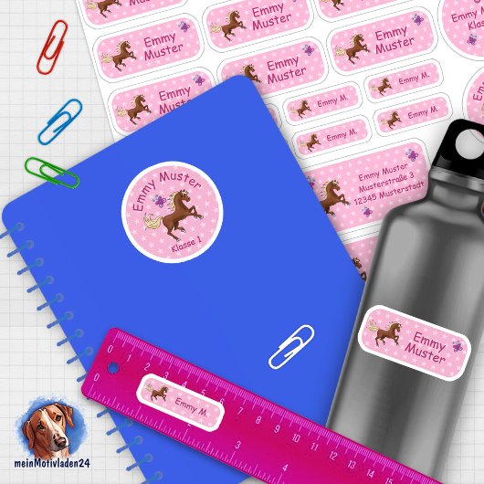 Set - 24 Namensaufkleber Pferde Sterne rosa | Sticker