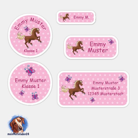 Set - 24 Namensaufkleber Pferde Sterne rosa | Sticker
