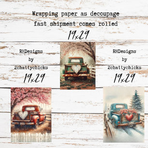 Set 3 Oude Vrachtauto's & Harten voor Decoupage Inpakpapier Vel