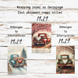 Set 3 Oude Vrachtauto's & Harten voor Decoupage Inpakpapier Vel