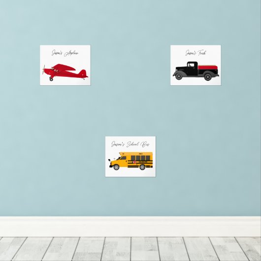 Set Art Prints Vliegtuig Truck Bus Jongenskamer (Houten vloer)