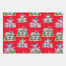 Set Ass't op Rood Schattig Varken Kerst Gift Wrap Inpakpapier Vel