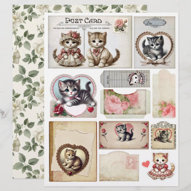 Set met kittens in vintage stijl en ephemera (Voorkant / Achterkant)