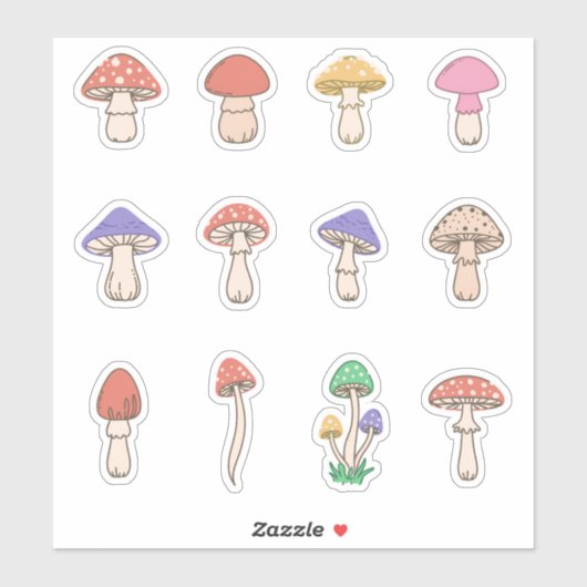Set of 12 Classic Cute Doodle Mushrooms Sticker (Vel)