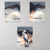 Set of 3 Heron Landscape Paintings | Orange & Gray (Voorkant)