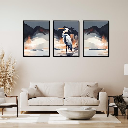 Set of 3 Heron Landscape Paintings | Orange & Gray