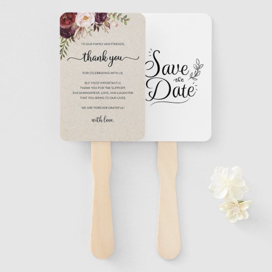 Set of Fans (​Elegant Rustic Marsala Floral Save) Handwaaier (Voorkant en achterkant)