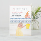 Set Sail Sailboat Pink Girl Verjaardagsfoto Kaart (Staand voorkant)