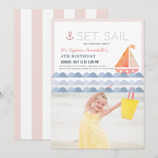 Set Sail Sailboat Pink Girl Verjaardagsfoto Kaart (Voorkant / Achterkant)