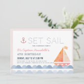 Set Sail Zeilboot Nautisch Roze Meisje Verjaardag Kaart (Staand voorkant)