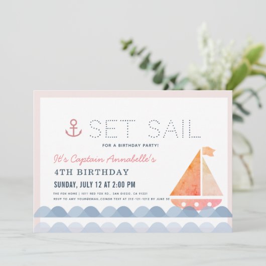 Set Sail Zeilboot Nautisch Roze Meisje Verjaardag Kaart (Staand voorkant)