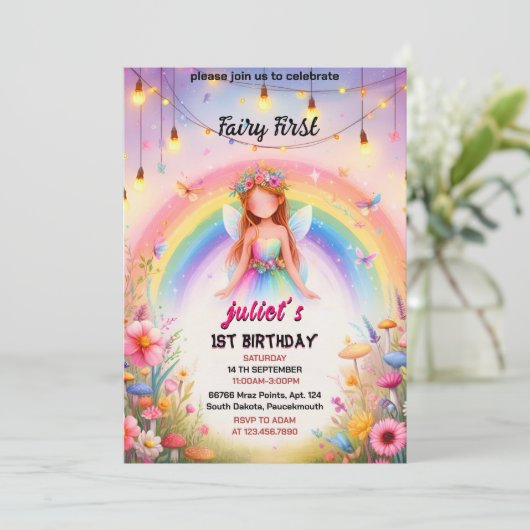 set schattig bloemenroze meisje fee eerste 1e verj kaart (Staand voorkant)