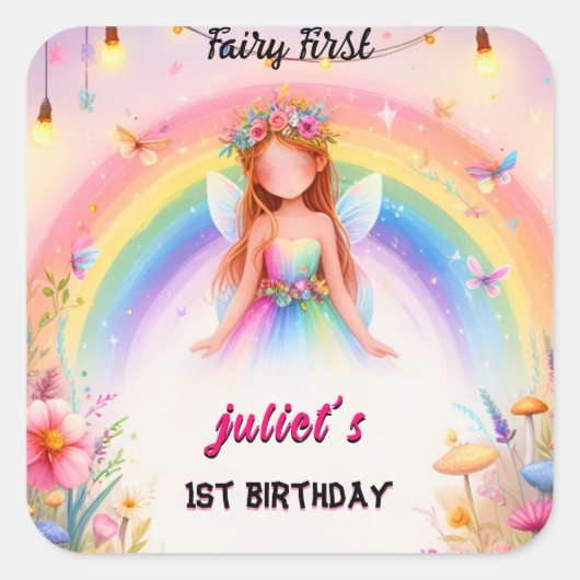 set schattig bloemenroze meisje fee eerste 1e verj vierkante sticker (Voorkant)