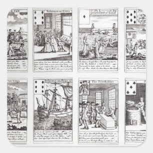 Set speelkaarten die satirisch weergeven vierkante sticker