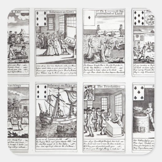 Set speelkaarten die satirisch weergeven vierkante sticker (Voorkant)