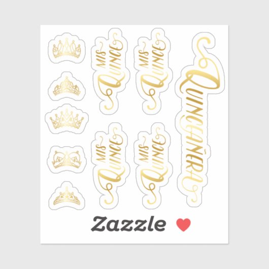 Set van 10 gouden kroonwoorden, Tiara en Quinceañe Sticker (Vel)