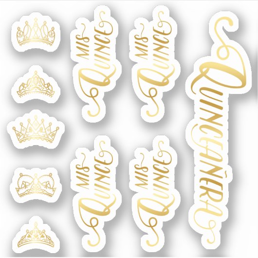 Set van 10 gouden kroonwoorden, Tiara en Quinceañe Sticker (Voorkant)