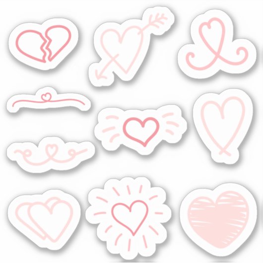 Set van 10 roze Valentijnsdag harten stickers (Voorkant)