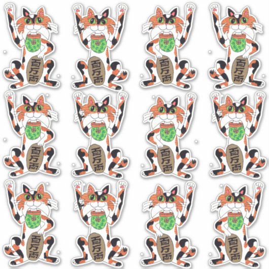 Set van 12 Cute Maneki Neko Lucky Becelling Cats Sticker (Voorkant)