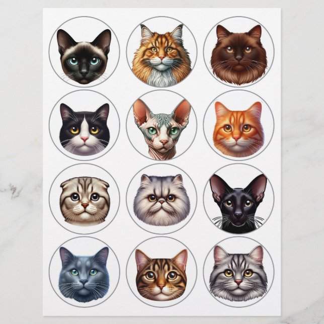 Set van 12  Ronde Illustraties van Kattenrassen (Voorkant)
