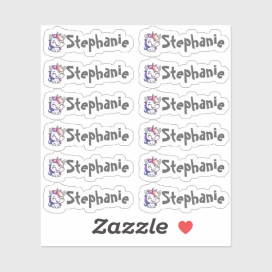 Set van 12 Small Whimsical Smiling Unicorn Name Sticker (Vel)