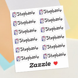 Set van 12 Small Whimsical Smiling Unicorn Name Sticker
