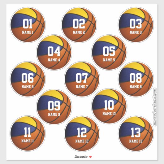 set van 13 blauwe gouden teamkleuren basketbal sticker (Vel)