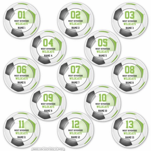 Set van 13 kalkgroene zwarte voetbalploegen sticker (Voorkant)