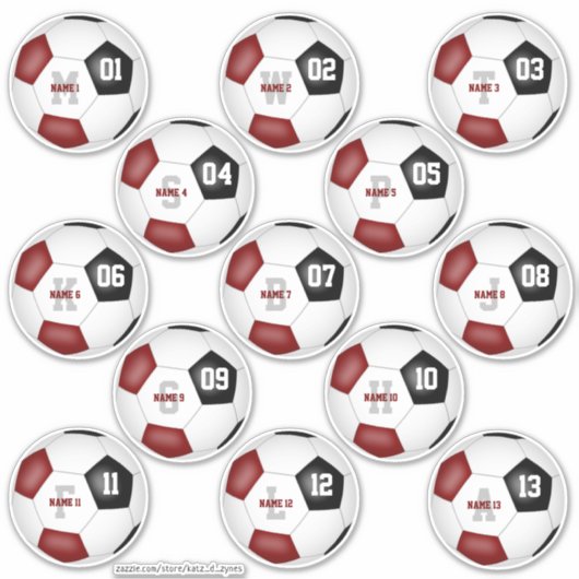set van 13 maroon black soccer team kinder party sticker (Voorkant)