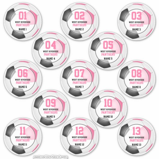 set van 13 meisjes roze zwarte voetbalploegen sticker (Voorkant)