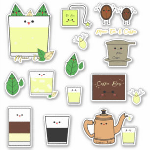 Set van 15 Kawaii Vietnamese koffie & thee Sticker