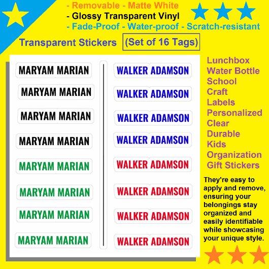Set van 16 kleurrijke Labels, doorzichtige naamsti Sticker