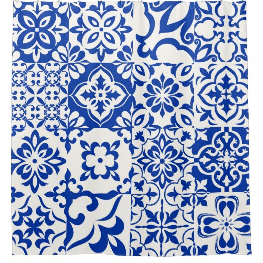 Set van 16 tegels Azulejos in blauw, wit. Originee Douchegordijn (Voorkant)