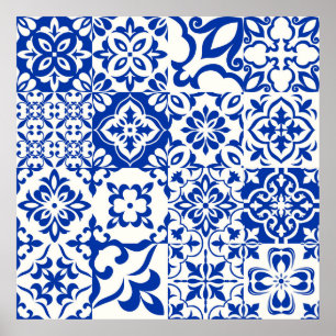 Set van 16 tegels Azulejos in blauw, wit. Originee Poster