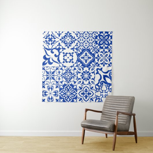 Set van 16 tegels Azulejos in blauw, wit. Originee Wandkleed (In Situ (horizontaal))