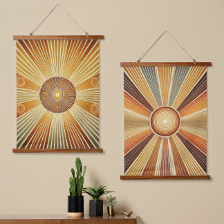 Set van 2 geometrische zon houten wandtapijten hangend wandkleed