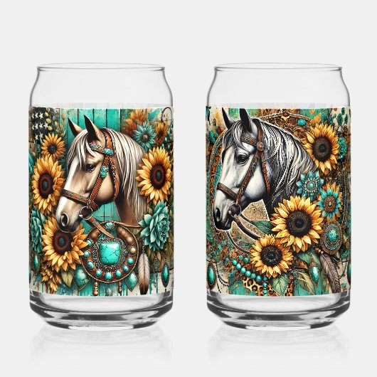 Set van 2 paarden en zonnebloemen blikvorm glas (Voorkant)