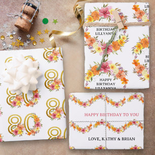 Set van 3 80ste verjaardag en elke leeftijd kleurr inpakpapier vel