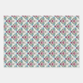 Set van 3-aardse roze en turquoise bloemen en hart inpakpapier vel